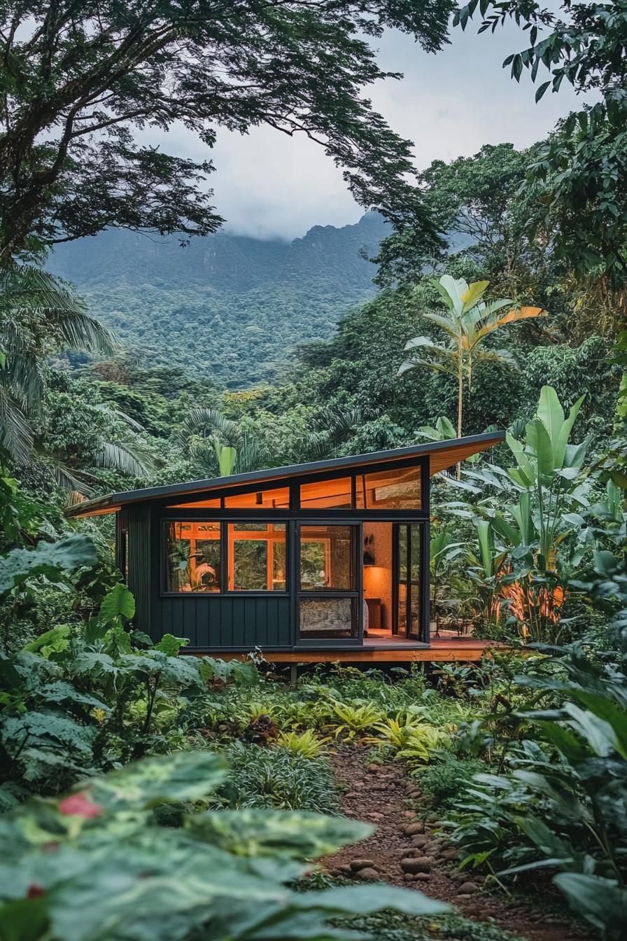 tiny mid century modern cabin exterior with clerestory windows in tropical forest with a mountain in the background 2