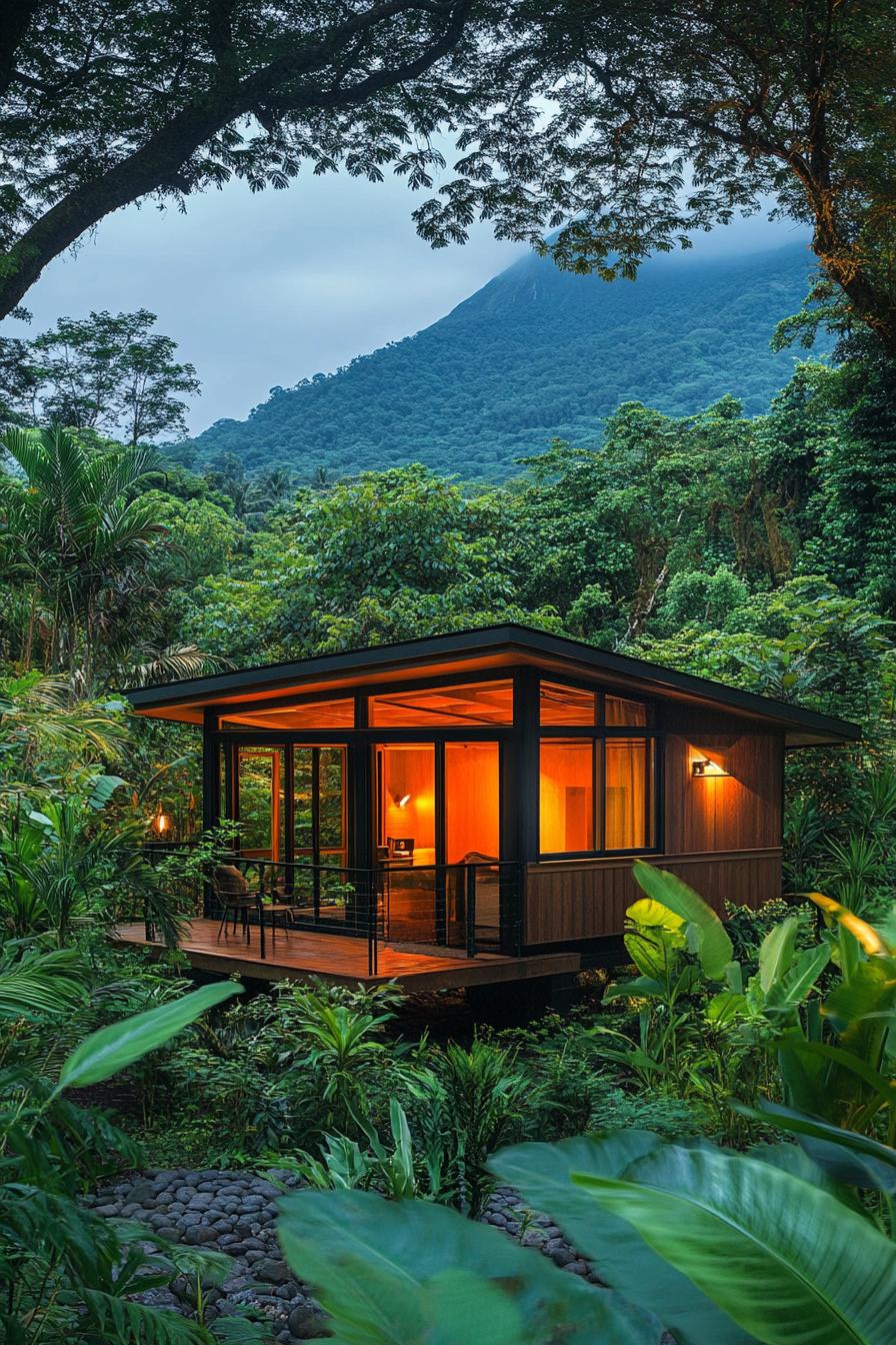 tiny mid century modern cabin exterior with clerestory windows in tropical forest with a mountain in the background 3