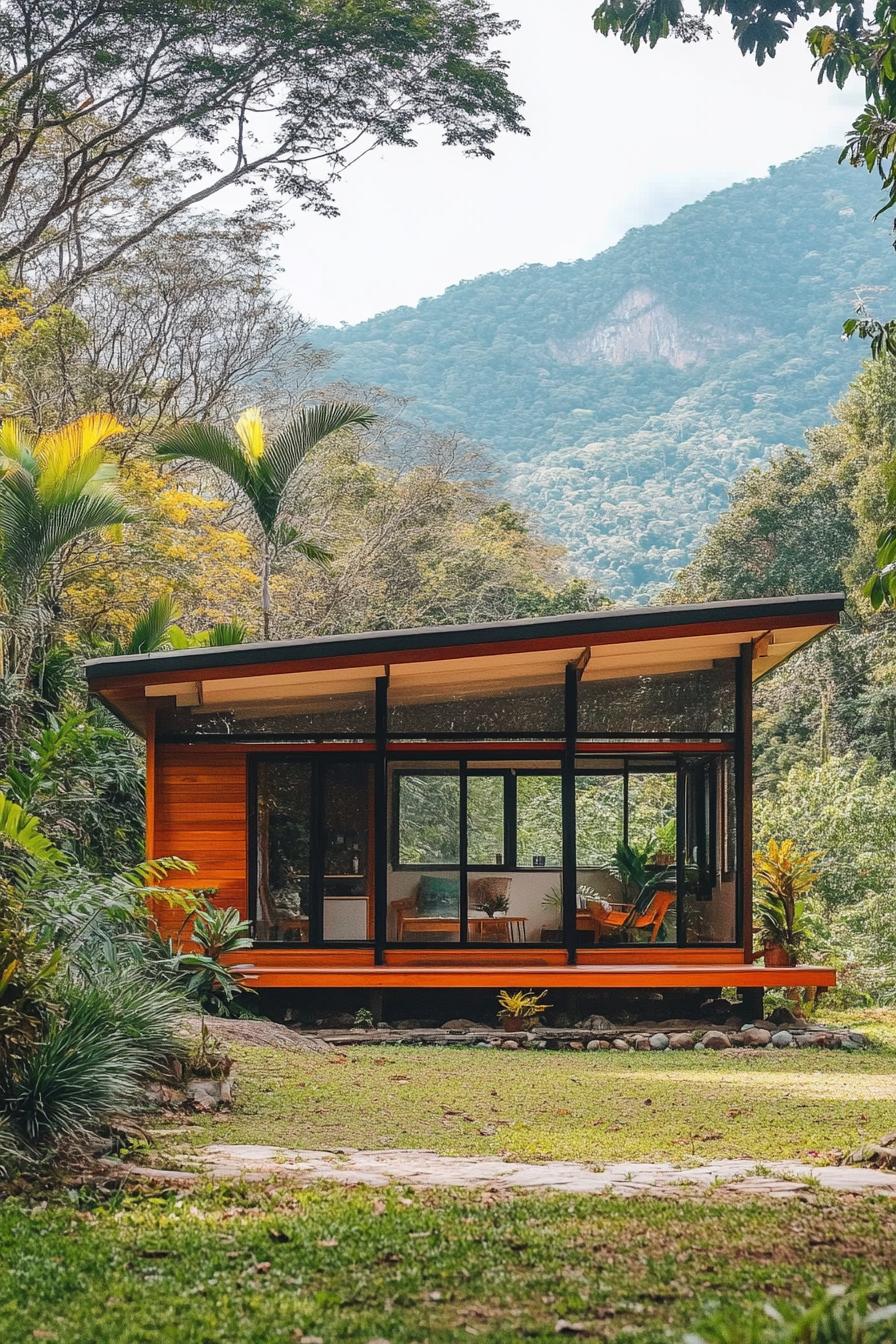 tiny mid century modern cabin exterior with clerestory windows in tropical forest with a mountain in the background