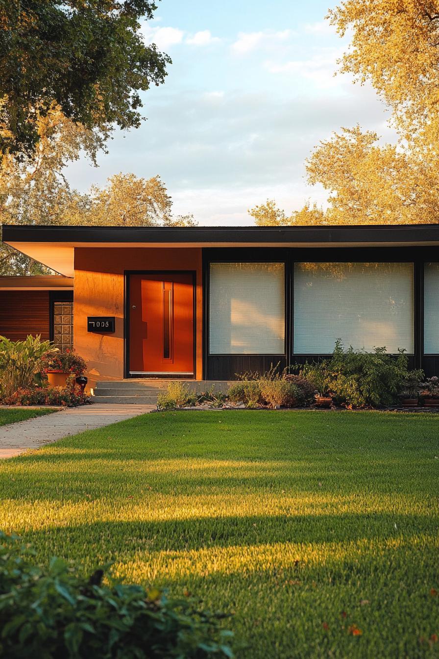 70s midcentury house facade in earth tone colors and bold accent hues large lawn front yard 1