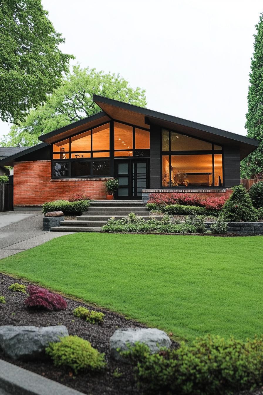 70s midcentury house facade in earth tone colors and bold accent hues large lawn front yard 2