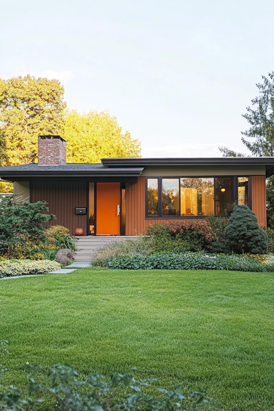 70s midcentury house facade in earth tone colors and bold accent hues large lawn front yard 3