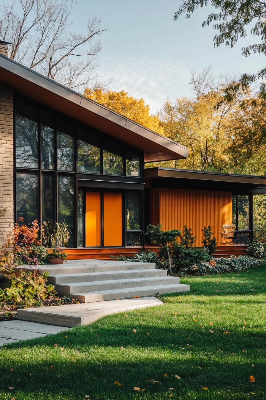 70s midcentury house facade in earth tone colors and bold accent hues large lawn front yard