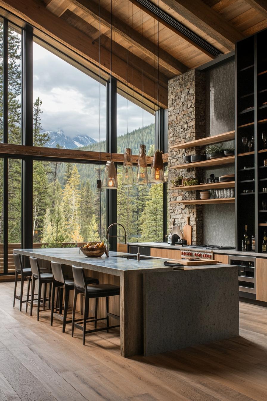 A contemporary kitchen blending raw natural elements with modern design. Expansive floor to ceiling windows flood the interior with natural light and 1