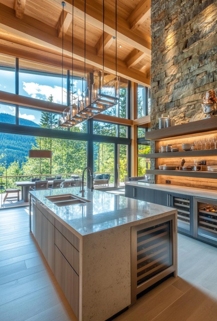 A contemporary kitchen blending raw natural elements with modern design. Expansive floor to ceiling windows flood the interior with natural light and 2