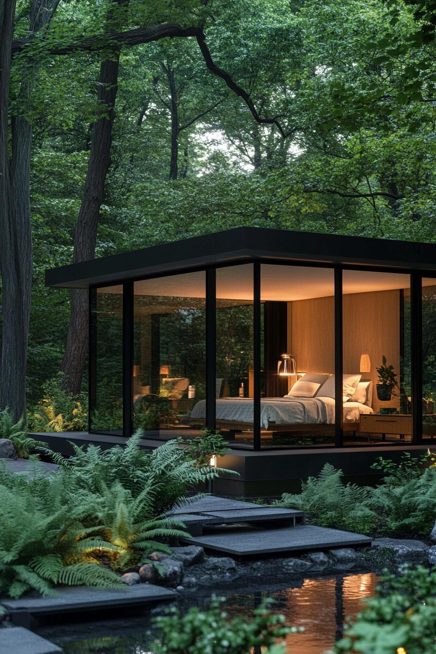 A modern glass house set amidst a lush forest featuring floor to ceiling windows that provide panoramic views of the surrounding greenery. The 1