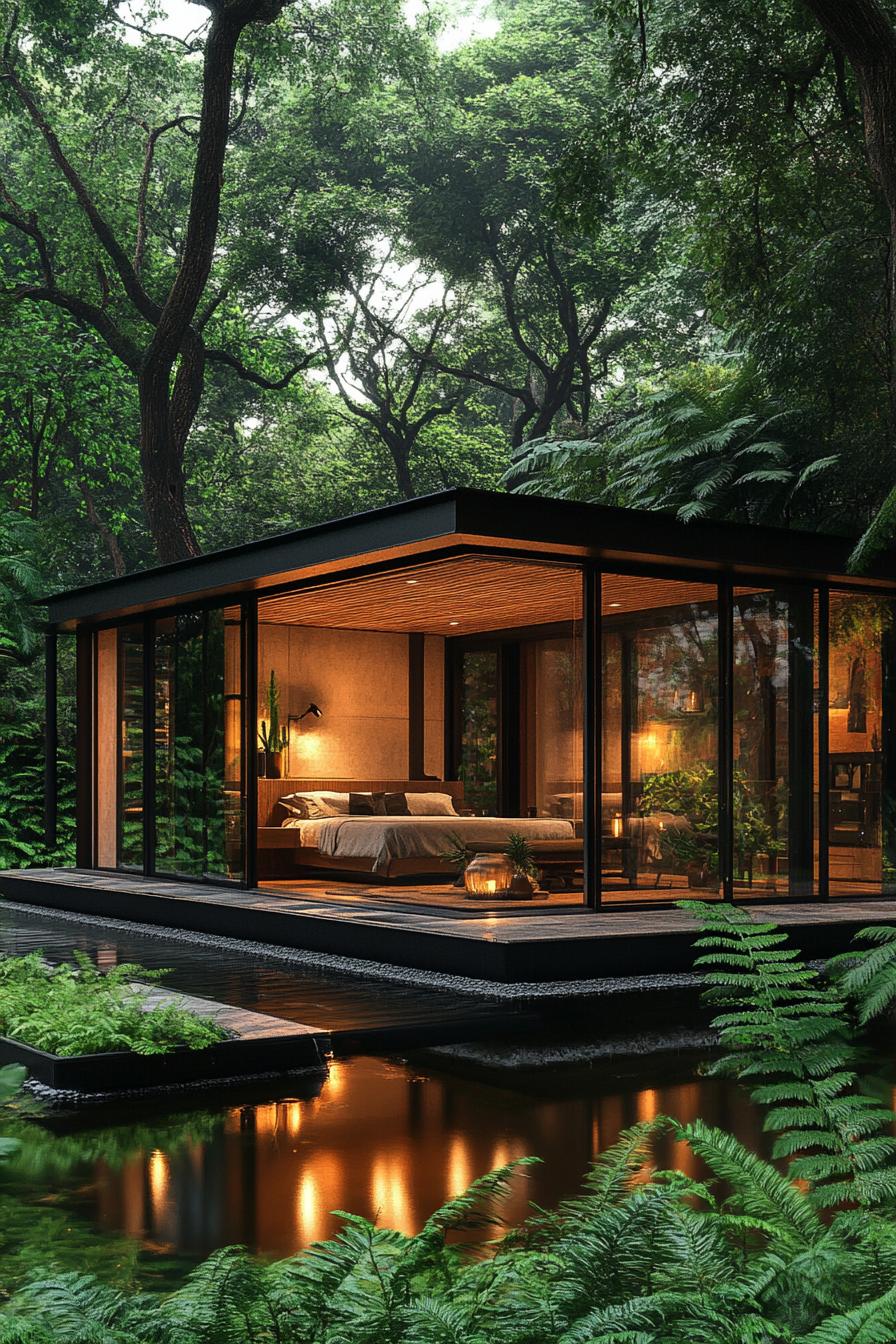 A modern glass house set amidst a lush forest featuring floor to ceiling windows that provide panoramic views of the surrounding greenery. The 2