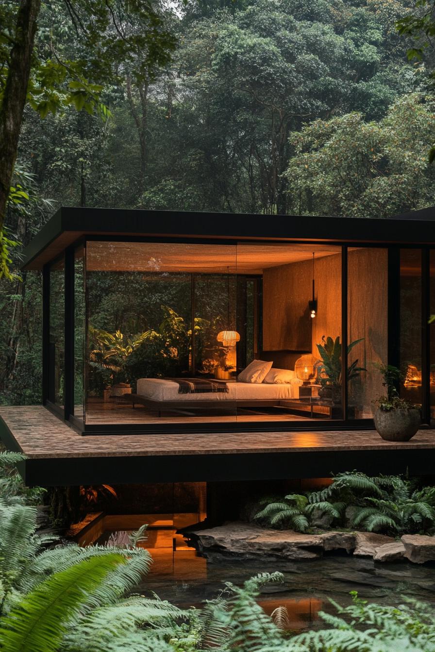 A modern glass house set amidst a lush forest featuring floor to ceiling windows that provide panoramic views of the surrounding greenery. The