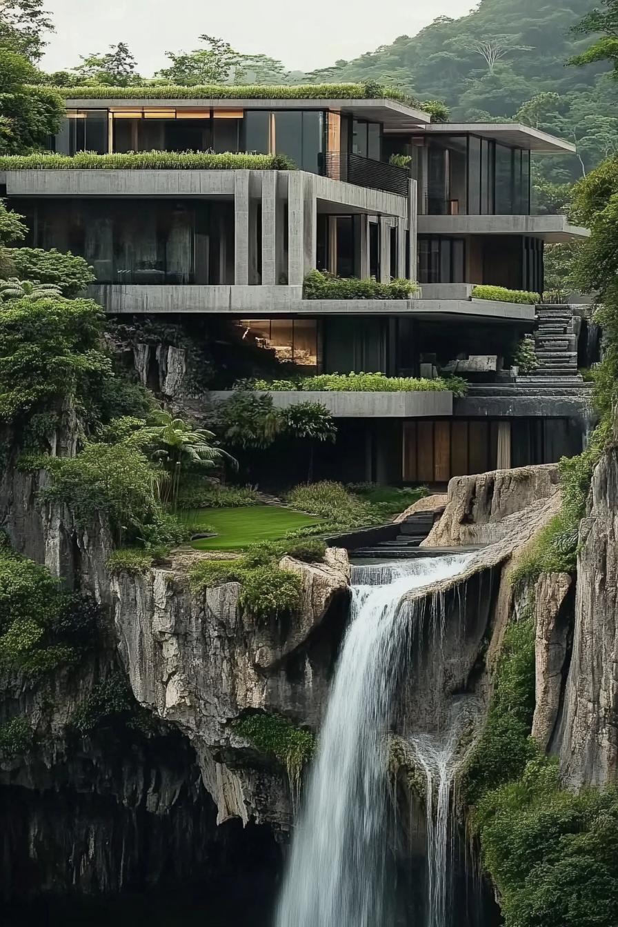 A multi level concrete house is built into a verdant cliffside featuring extensive use of glass for unobstructed views. The house comprises various