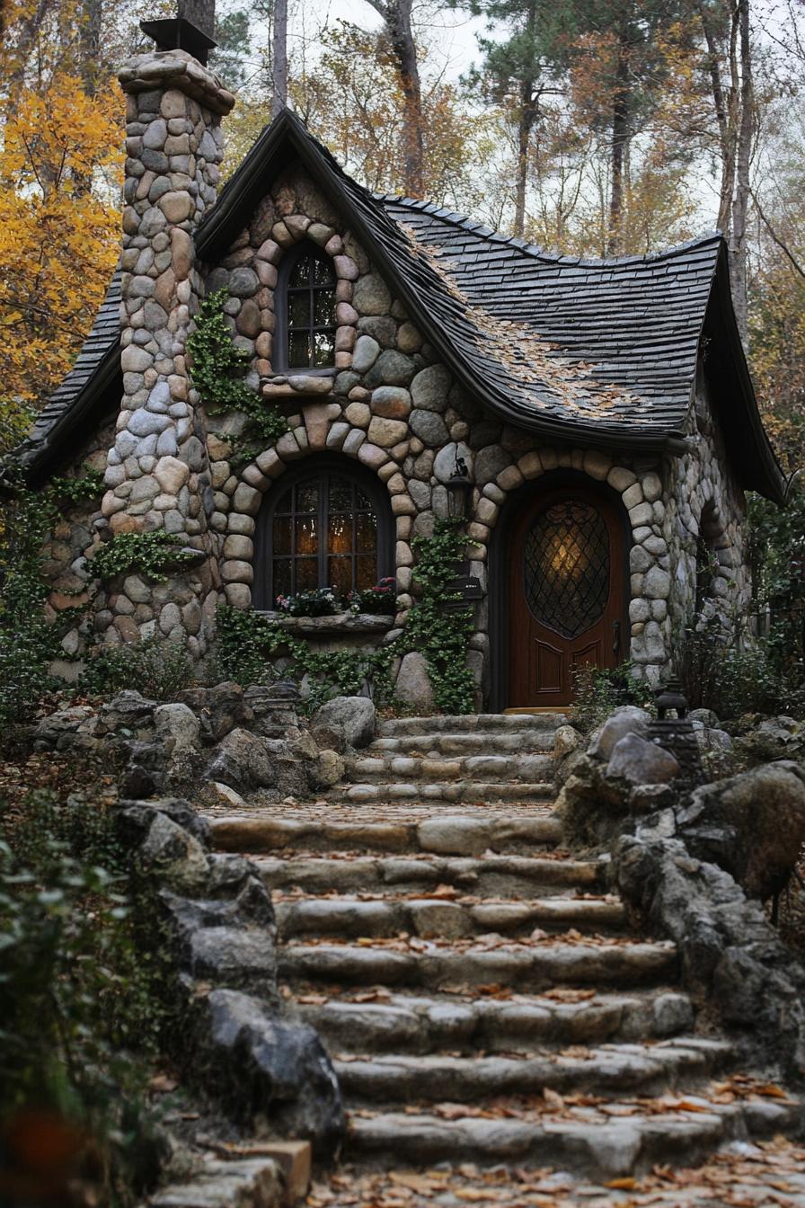 a fairytale stone house with a chimney arched door and windows with pebble trim the front overgrown with climber plants stone steps lead to the 1