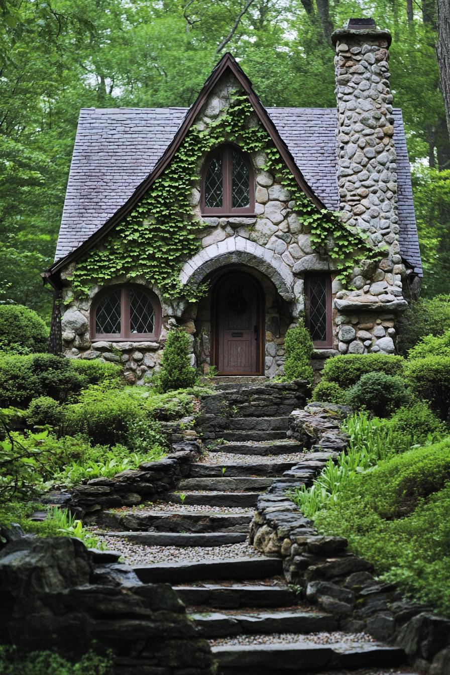 a fairytale stone house with a chimney arched door and windows with pebble trim the front overgrown with climber plants stone steps lead to the 2