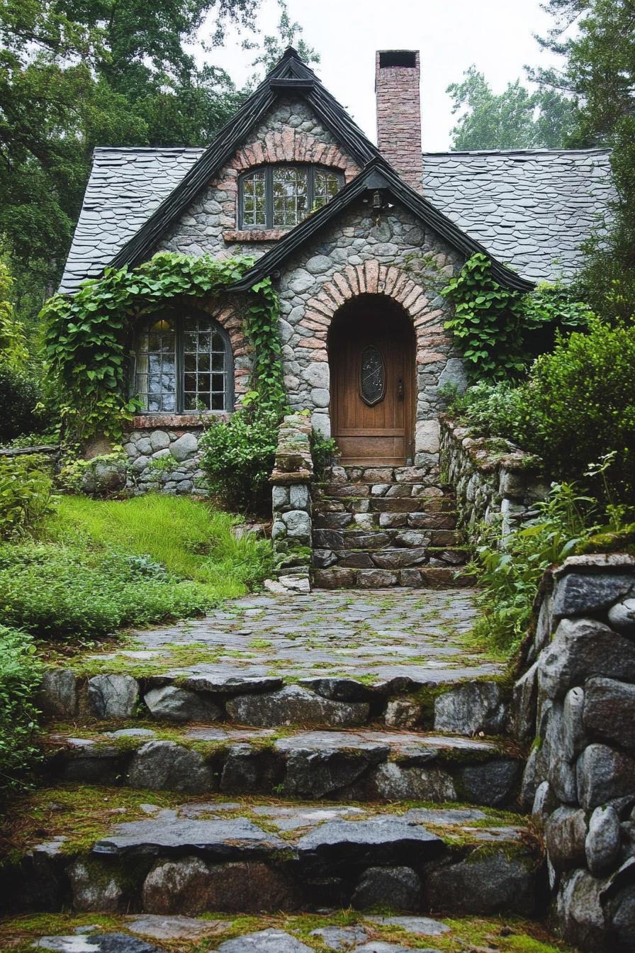 a fairytale stone house with a chimney arched door and windows with pebble trim the front overgrown with climber plants stone steps lead to the 3