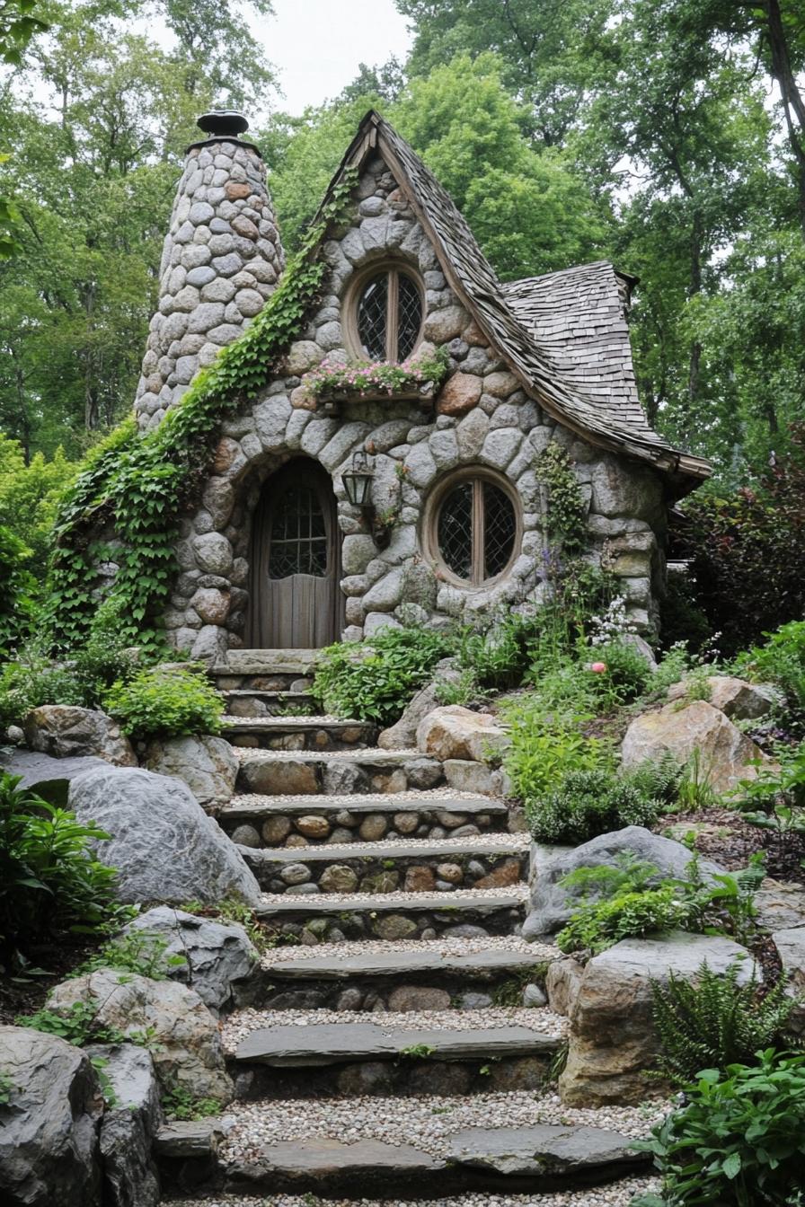 a fairytale stone house with a chimney arched door and windows with pebble trim the front overgrown with climber plants stone steps lead to the