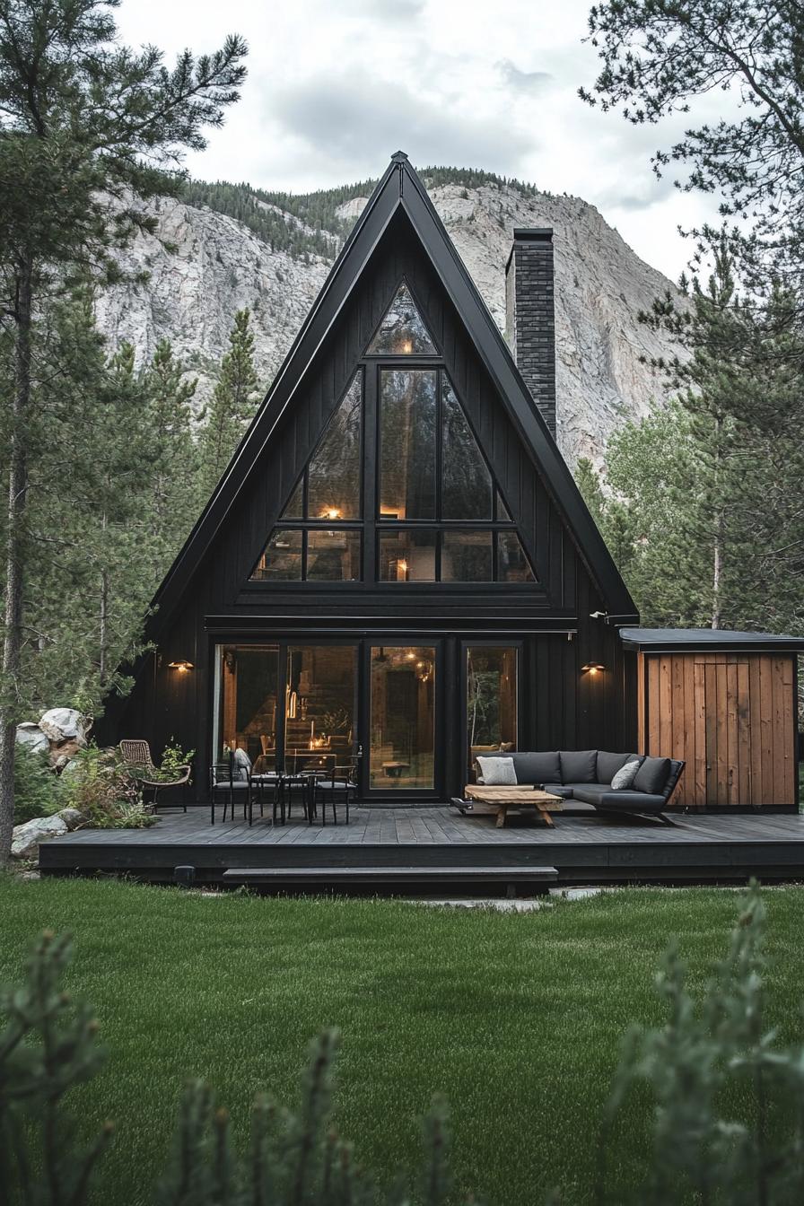 a frame modern mountain house with charred wood facade with matte black trim and black roof with chimney detached a frame garden shed large deck 1