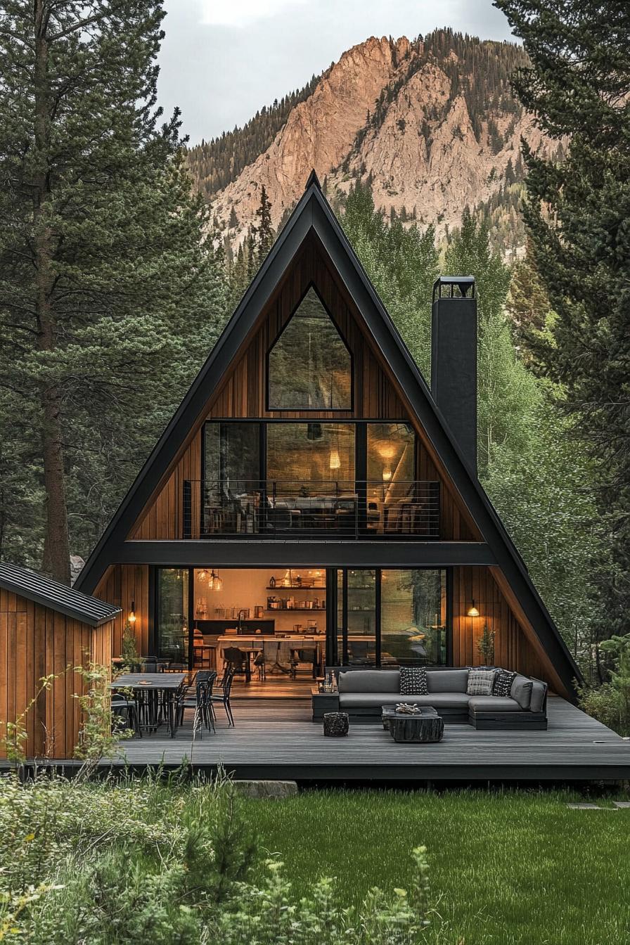 a frame modern mountain house with charred wood facade with matte black trim and black roof with chimney detached a frame garden shed large deck 2