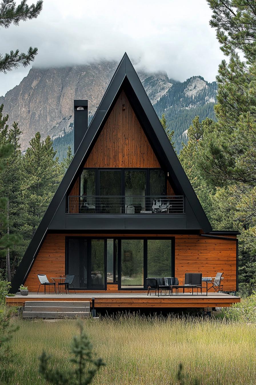 a frame modern mountain house with charred wood facade with matte black trim and black roof with chimney detached a frame garden shed large deck 3