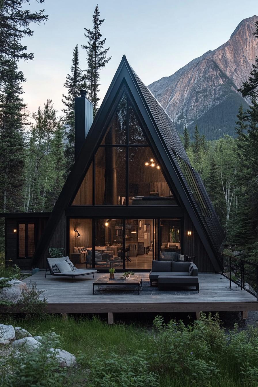 a frame modern mountain house with charred wood facade with matte black trim and black roof with chimney detached a frame garden shed large deck