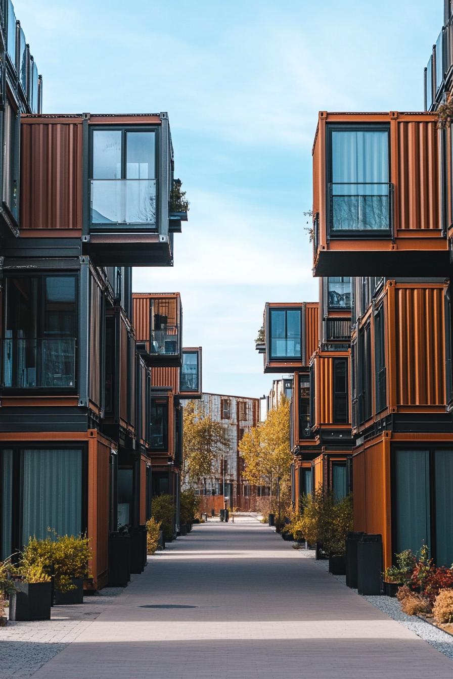 a street with modern container four story apartment buildings