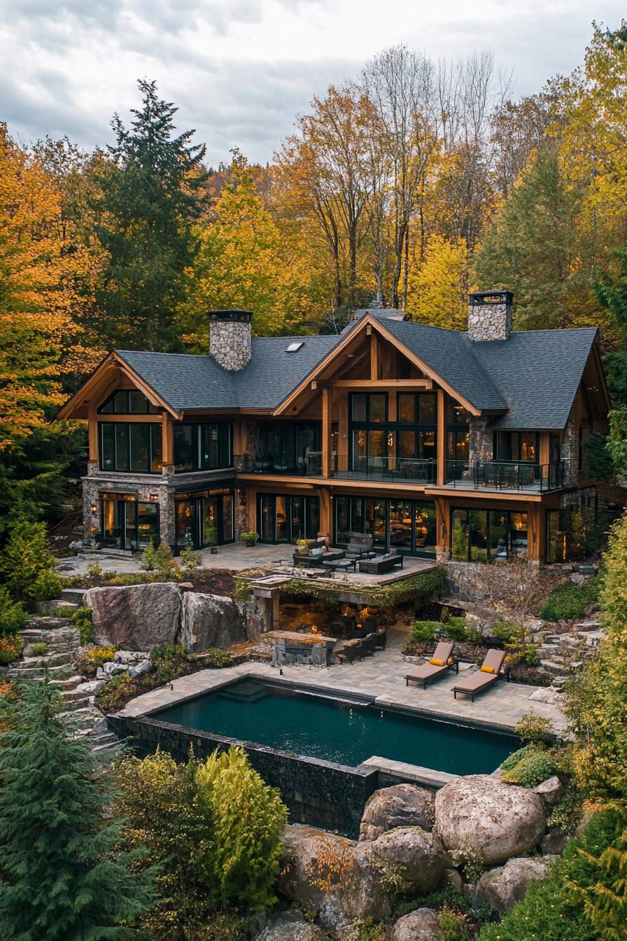 aerial view of a forest mountain mansion with sonte foundations wooden exterior with beams large windows large patio pool landscape with rocks