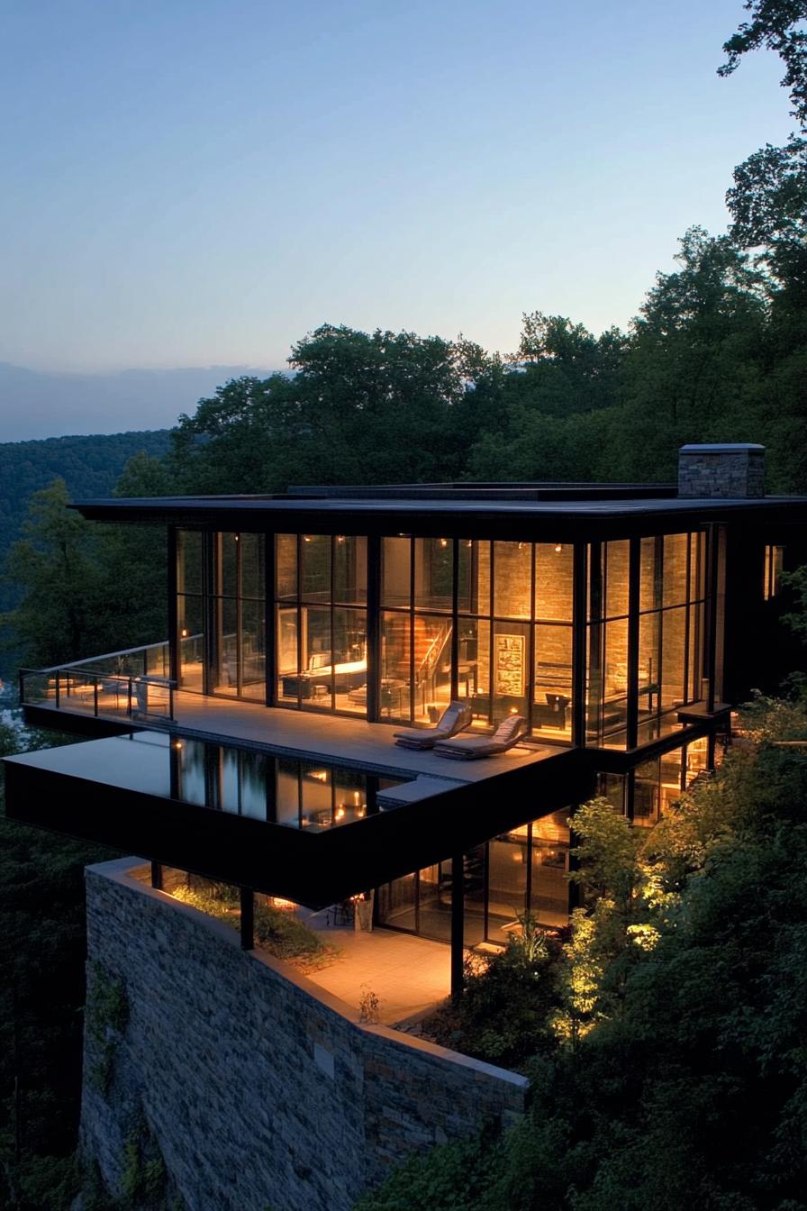 all glassed wall dream house with stunning tree line and valley views