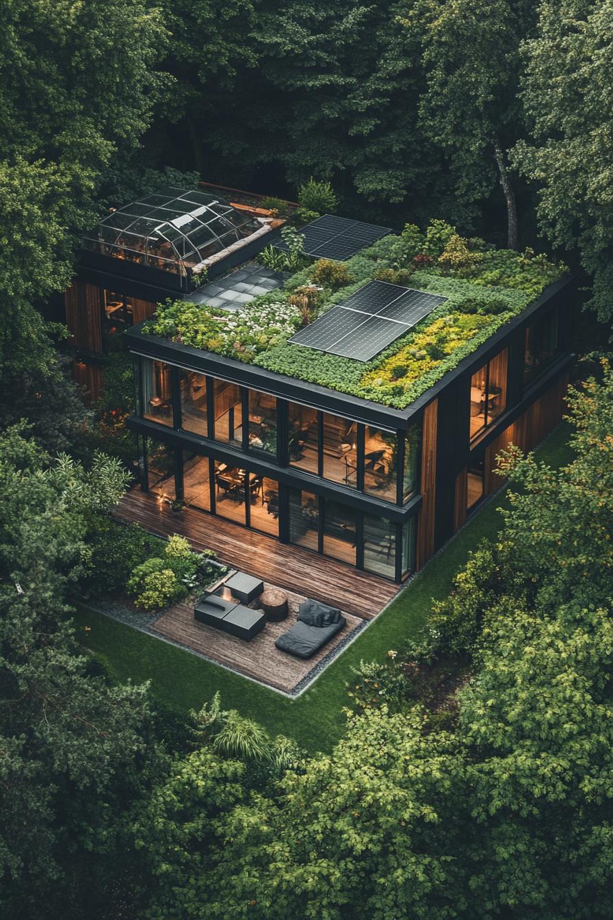 birds eye view of a modern cottage with green living roof and solar panels a lush garden with trees and a poind a greenhouse a lounge area on