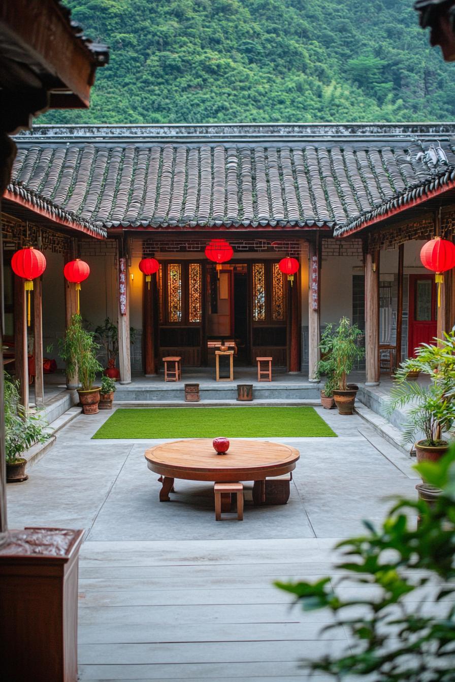 chinese house inner courtyard with concrete decks and a patch of ground in the middle with grass potted plants around the deck columns with red 1