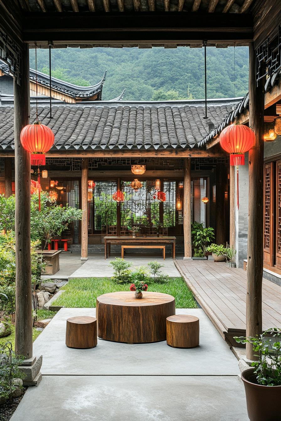 chinese house inner courtyard with concrete decks and a patch of ground in the middle with grass potted plants around the deck columns with red 2