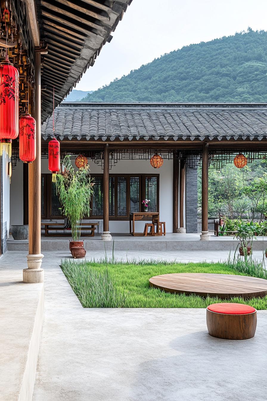 chinese house inner courtyard with concrete decks and a patch of ground in the middle with grass potted plants around the deck columns with red 3