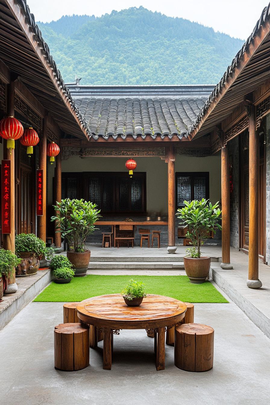 chinese house inner courtyard with concrete decks and a patch of ground in the middle with grass potted plants around the deck columns with red