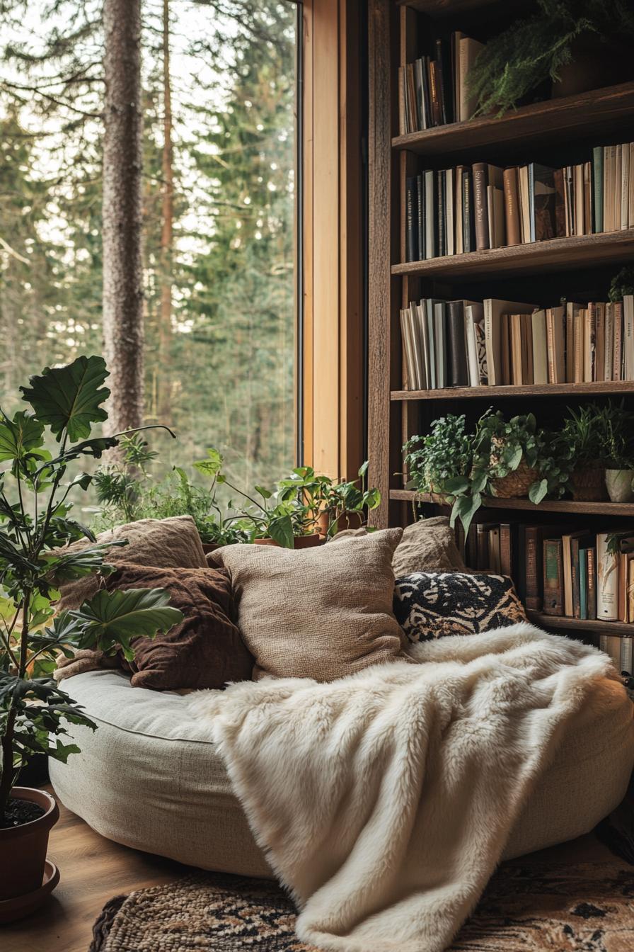 Reading nook with pillows and bookshelves by a window