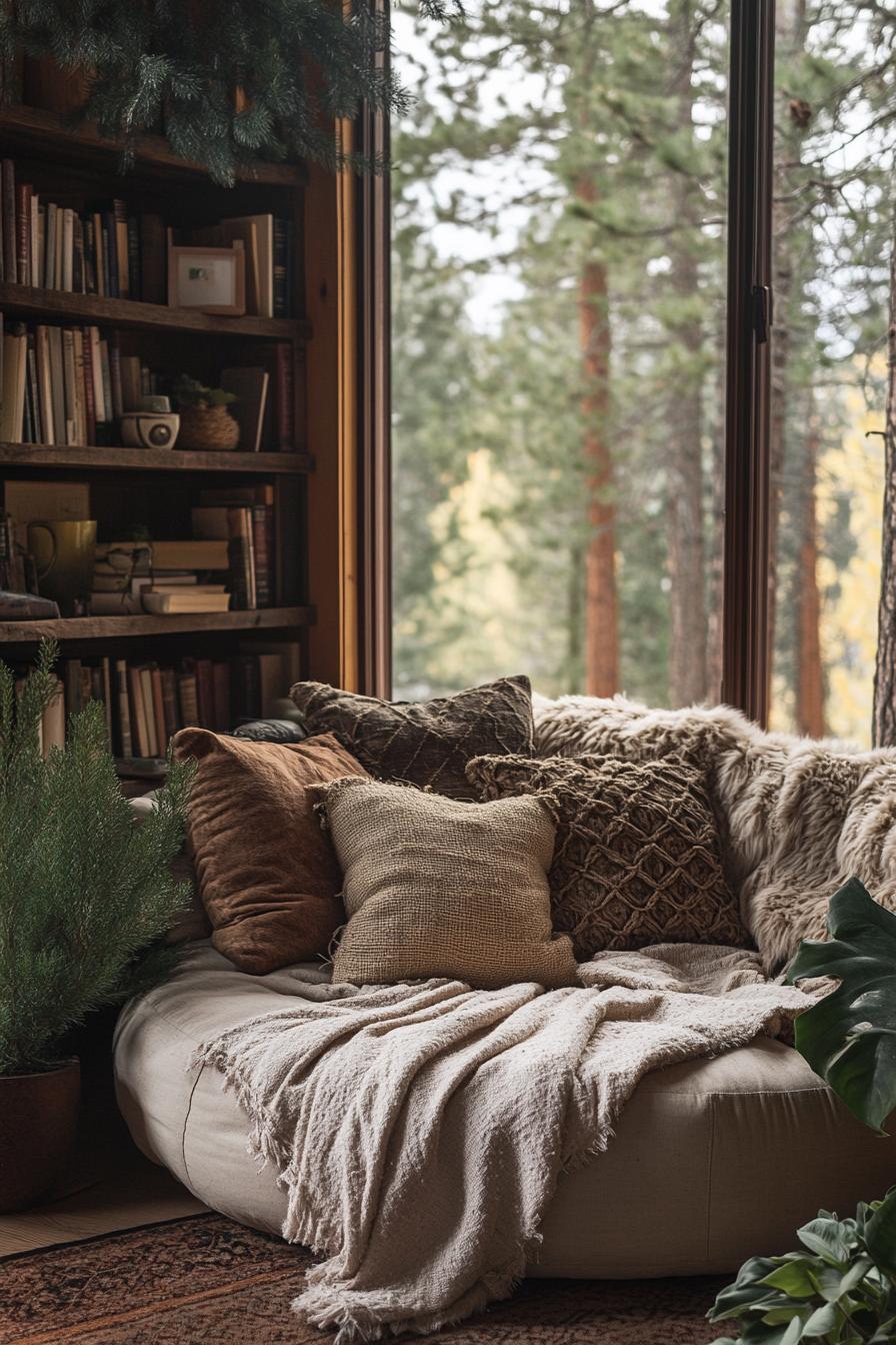 Rustic reading nook with plush cushions and a forest view