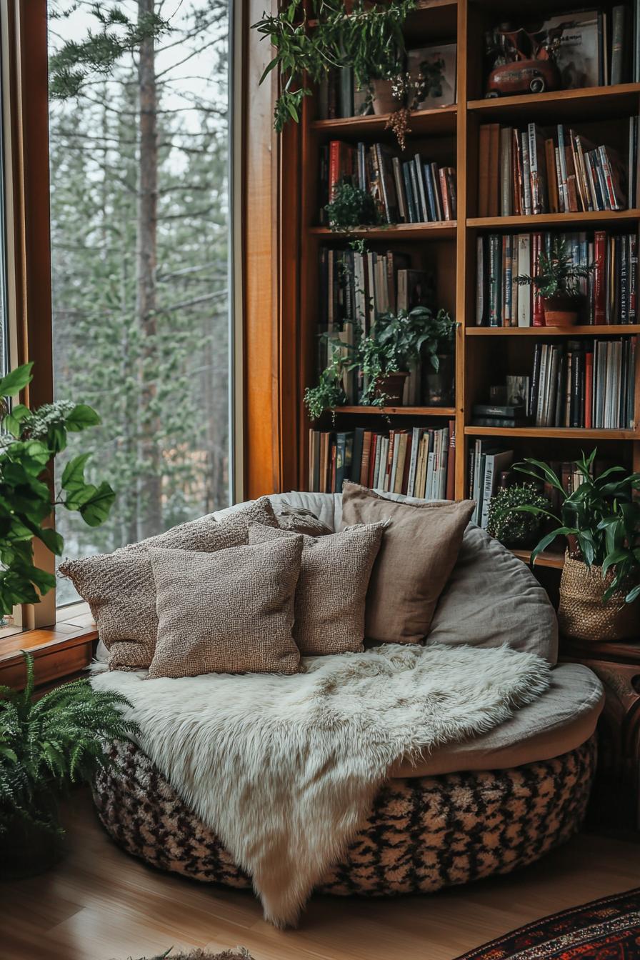 Cozy reading nook with plush seating and bookshelves by a forest view