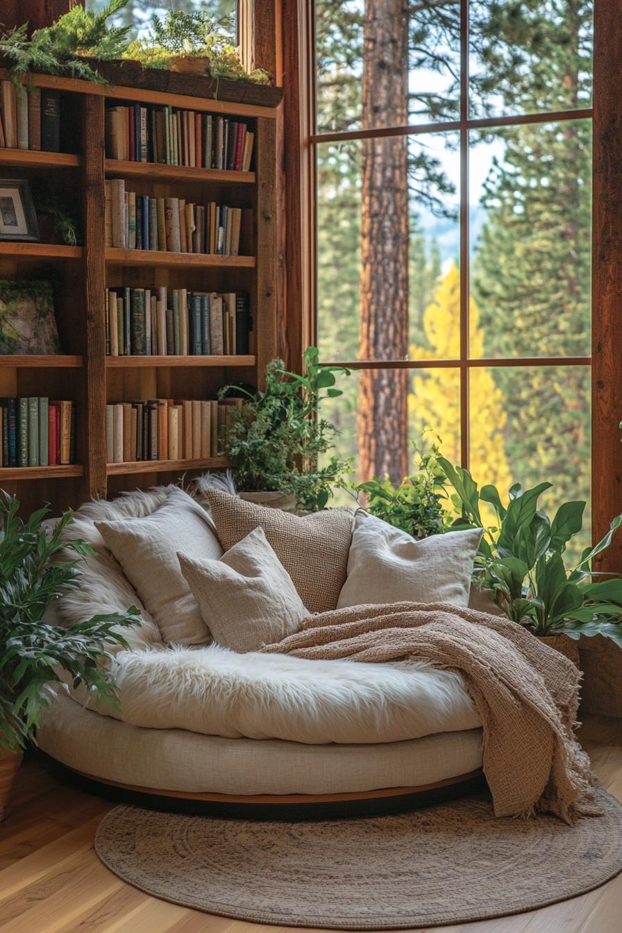 Round chair by forest-view window with plants and bookshelves