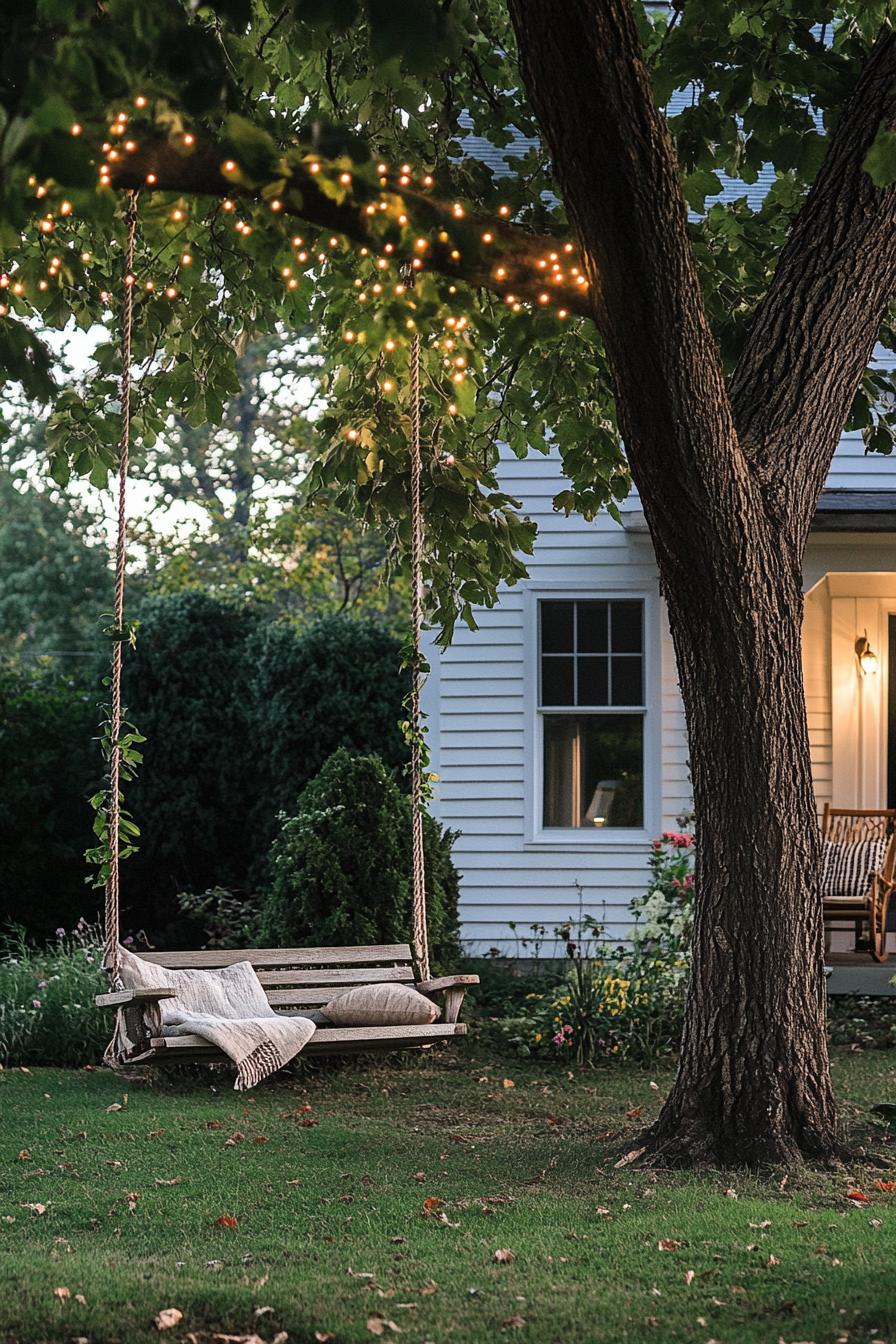 cottage backyard with a tree and a swing hung from it the swing is simple handmade with vines on its ropes the yard has fairy light decor a wooden