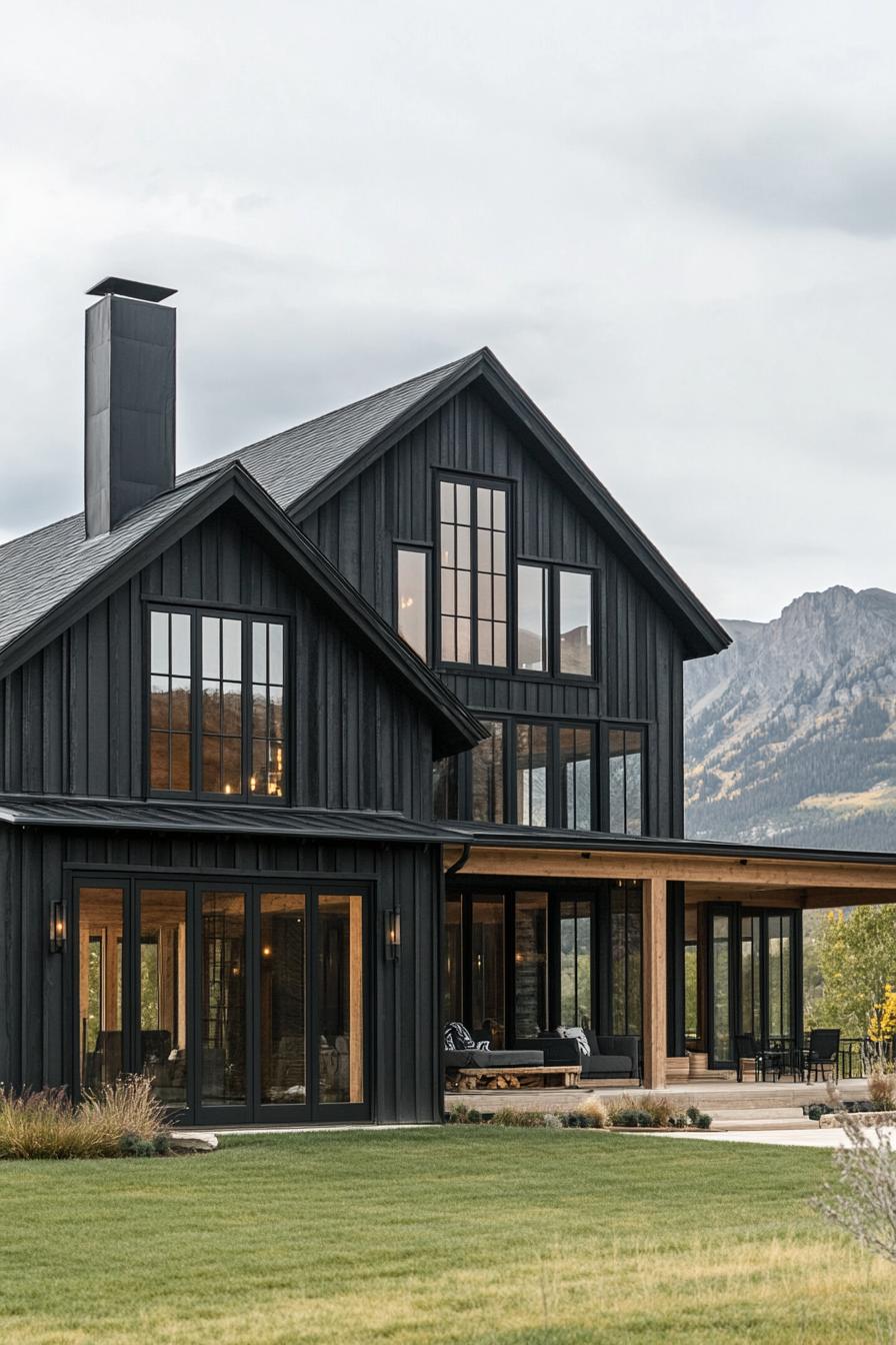 farmhouse style home with large windows black wood accents one side of the house has full wall windwows the house has natural wood siding theres 2