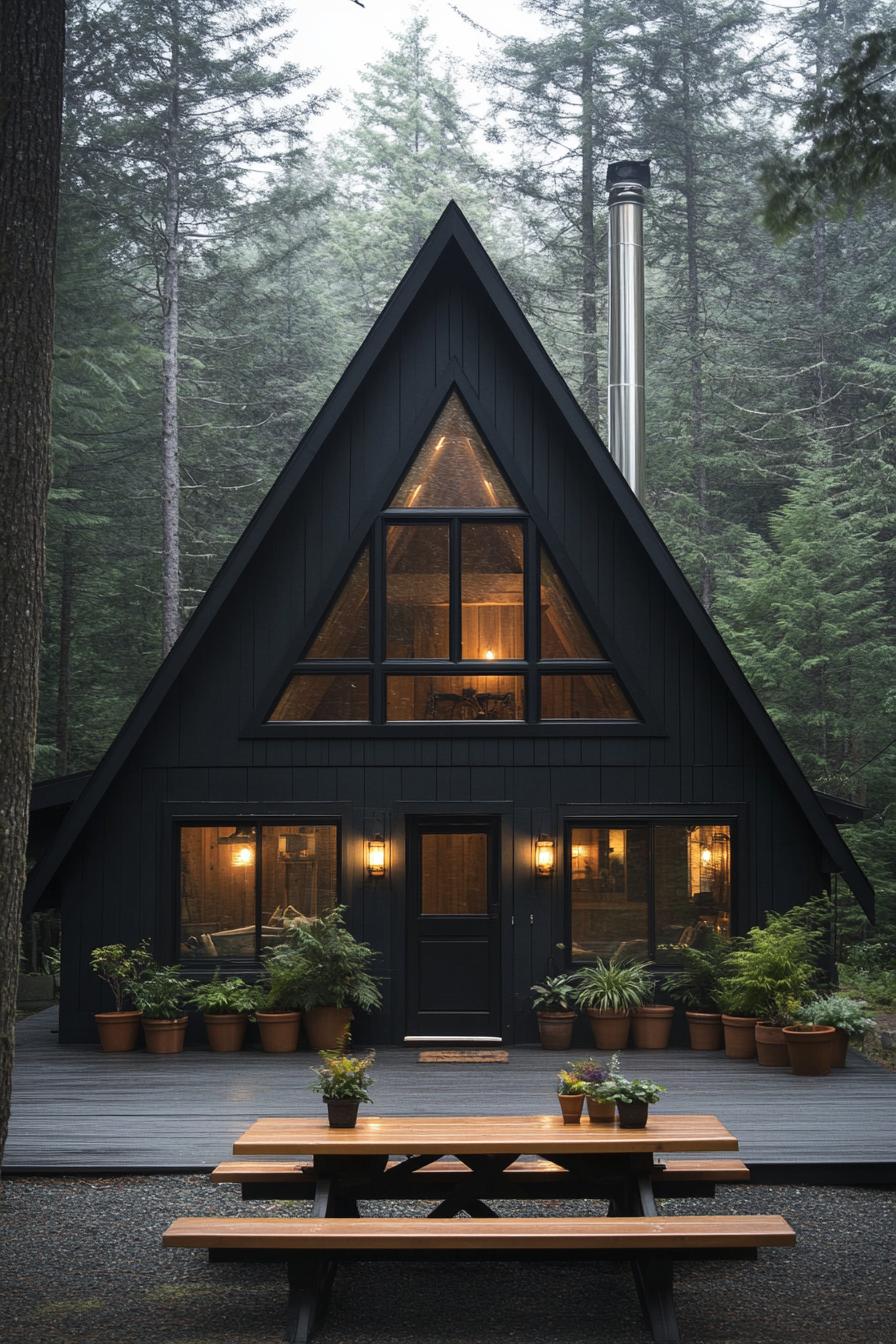 front view of a modern a frame cabin in charcoal black siding full wall glass windows natural wood door with glass panels tall chromed chimney in 1