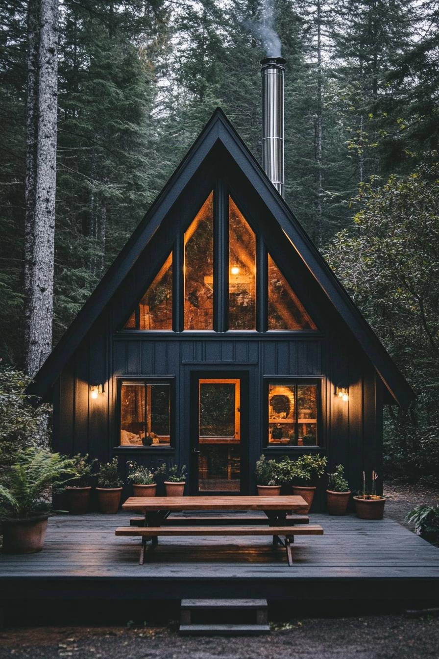 front view of a modern a frame cabin in charcoal black siding full wall glass windows natural wood door with glass panels tall chromed chimney in 2