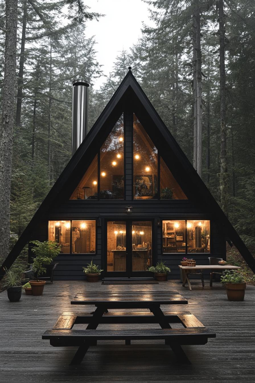 front view of a modern a frame cabin in charcoal black siding full wall glass windows natural wood door with glass panels tall chromed chimney in 3