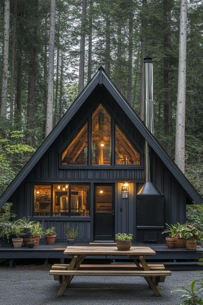 black a-frame forest cabin