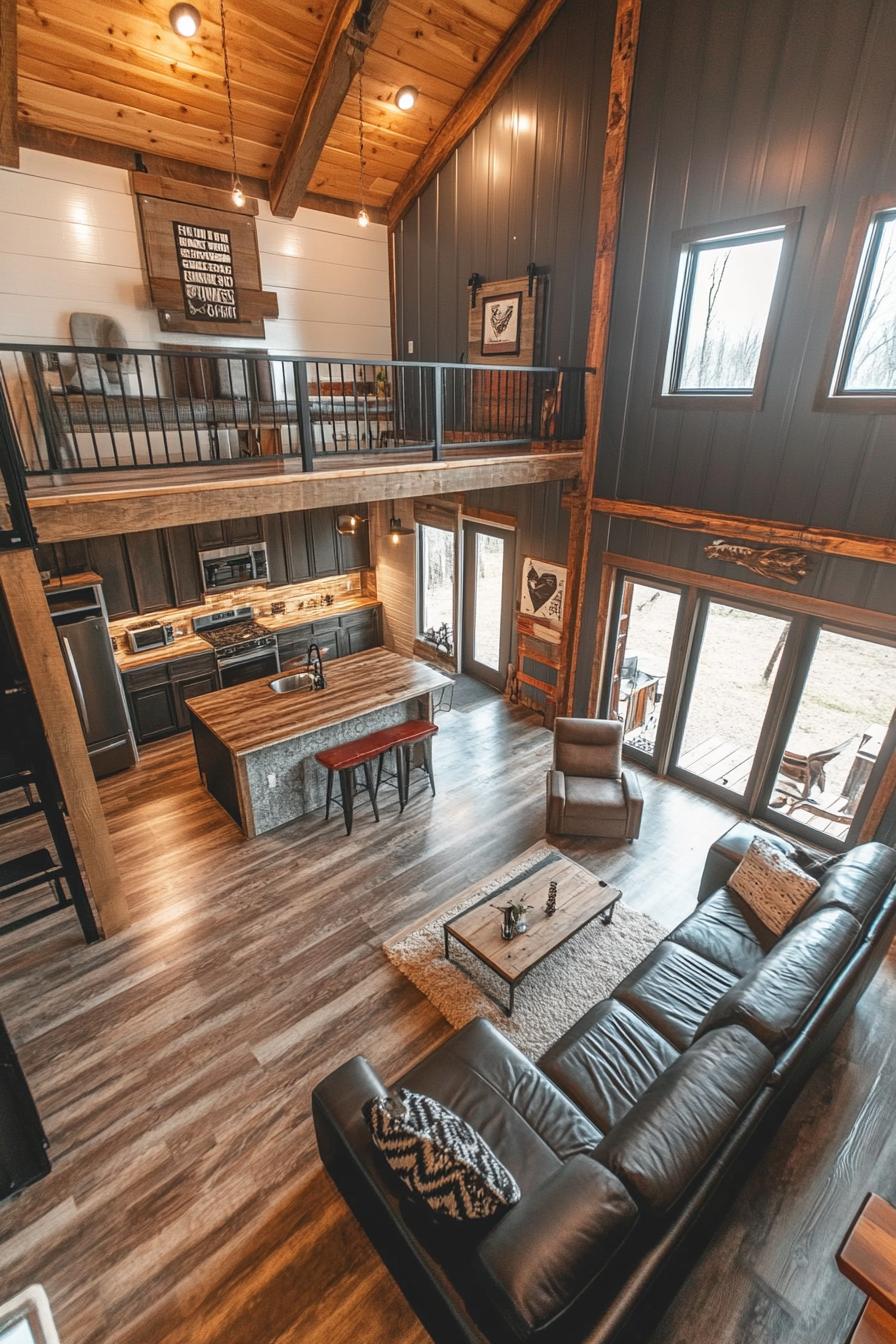 high angle view of a lofted barndominium interior farmhouse style with modern elements 2