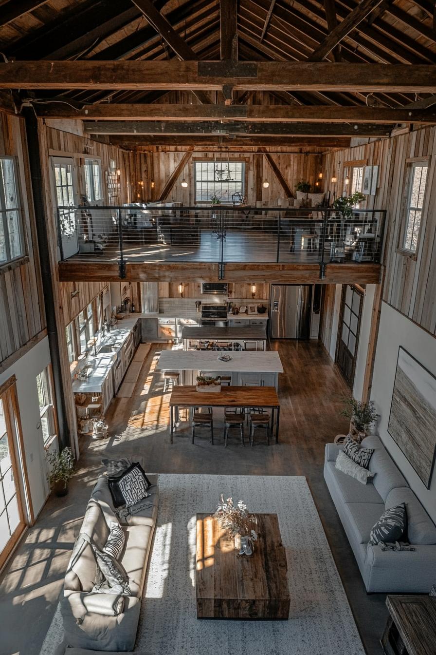 high angle view of a lofted barndominium interior farmhouse style with modern elements 3