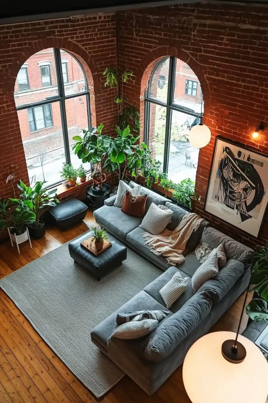 high angle view of industrial style loft apartment with brick walls white orb pendant lights large posters on walls hardwood floor large grey area 1