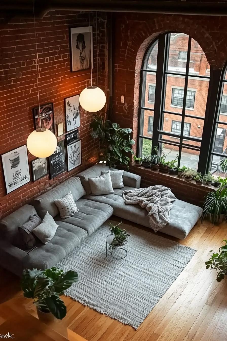 high angle view of industrial style loft apartment with brick walls white orb pendant lights large posters on walls hardwood floor large grey area 2