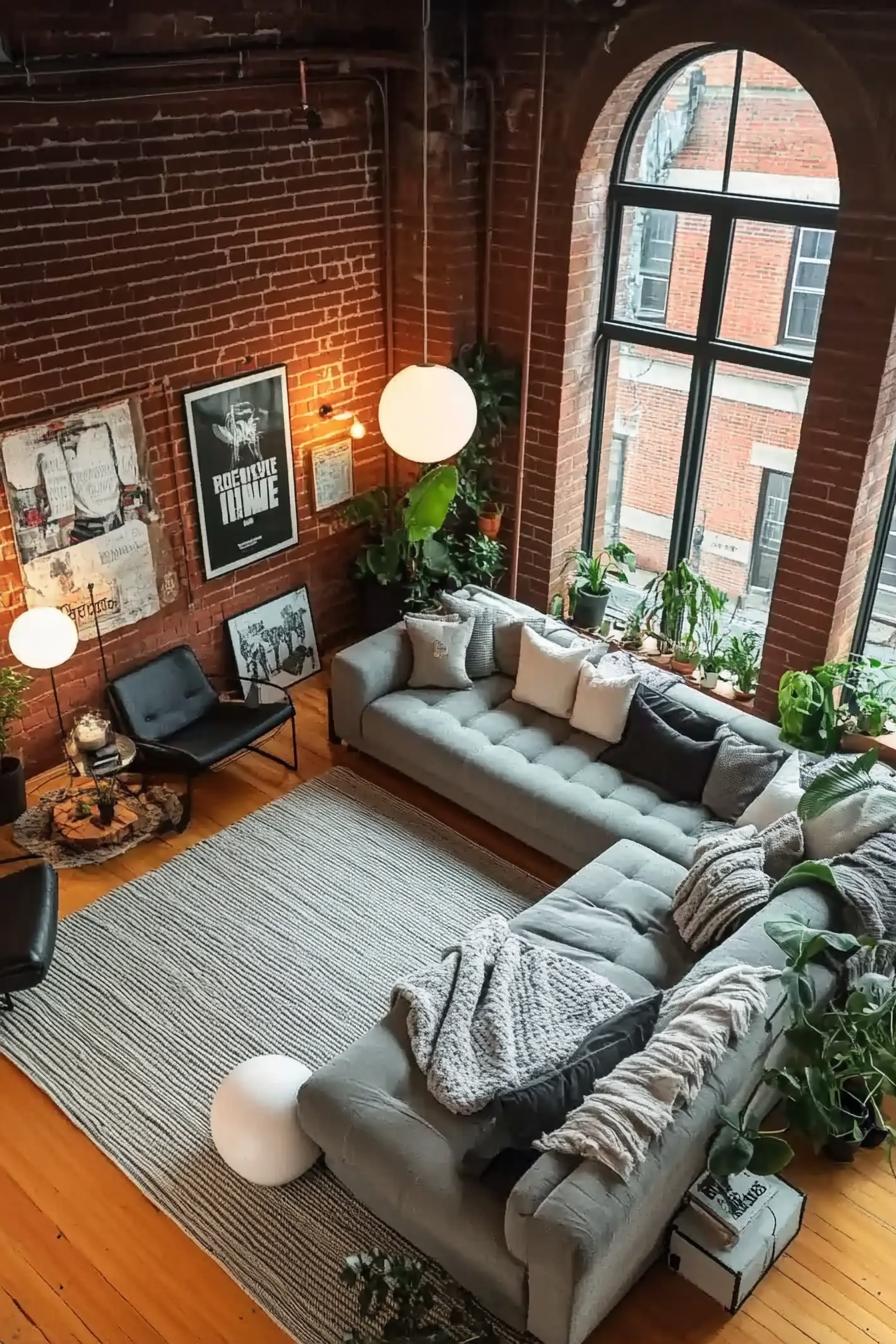 high angle view of industrial style loft apartment with brick walls white orb pendant lights large posters on walls hardwood floor large grey area 3