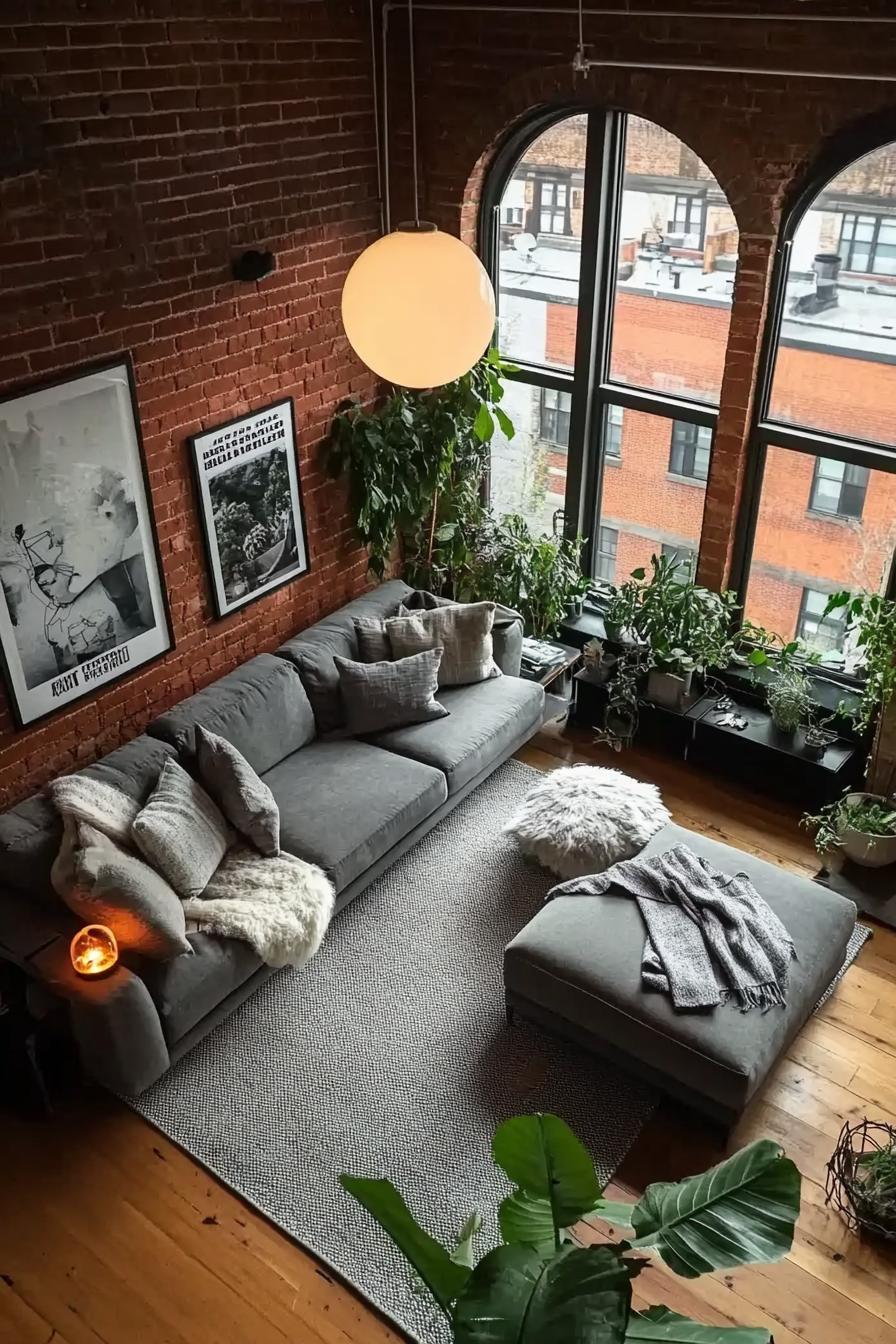 high angle view of industrial style loft apartment with brick walls white orb pendant lights large posters on walls hardwood floor large grey area