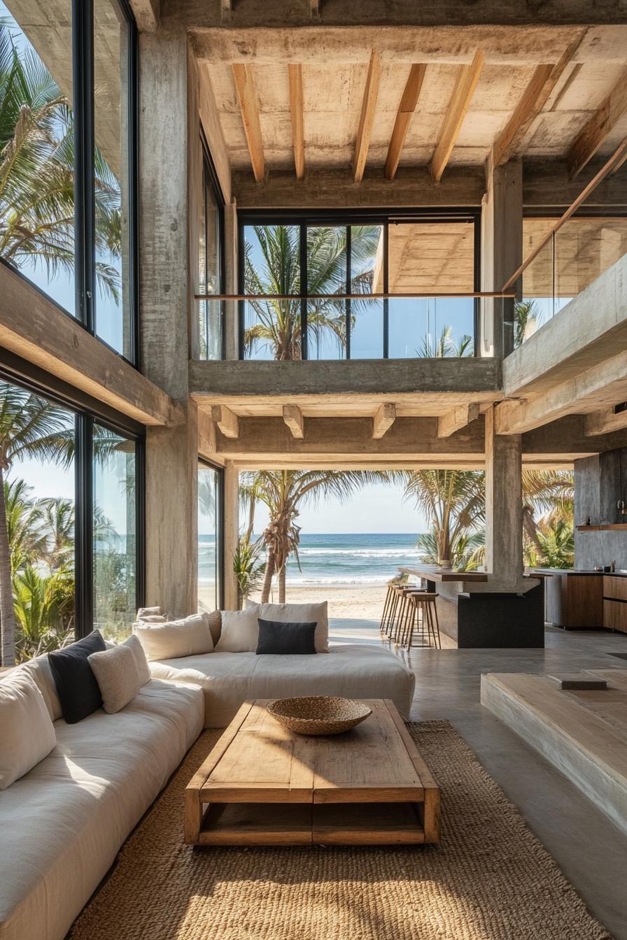 interior of a beach home open space lofted full wall windows concrete walls and ceiling natural wood floor jute are rug minimalist sectional 1