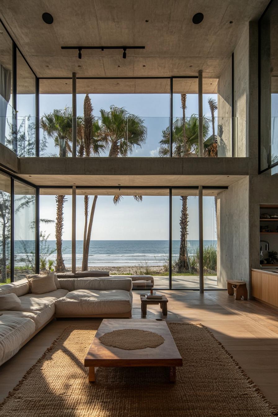 interior of a beach home open space lofted full wall windows concrete walls and ceiling natural wood floor jute are rug minimalist sectional