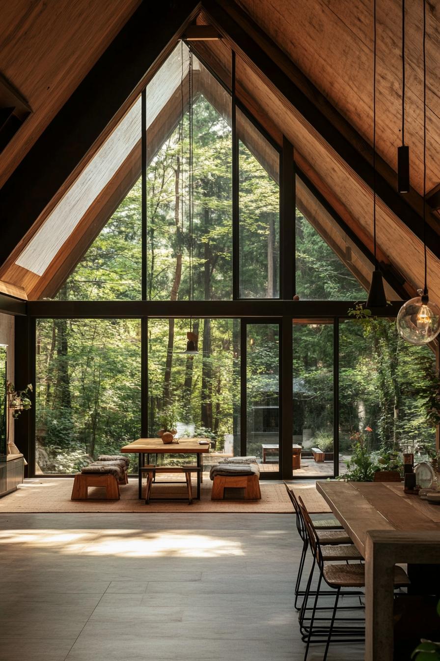 interior of a large a frame house open plan full wall windows overlooking a lush forest natural wood interior with exposed beams skylights in the