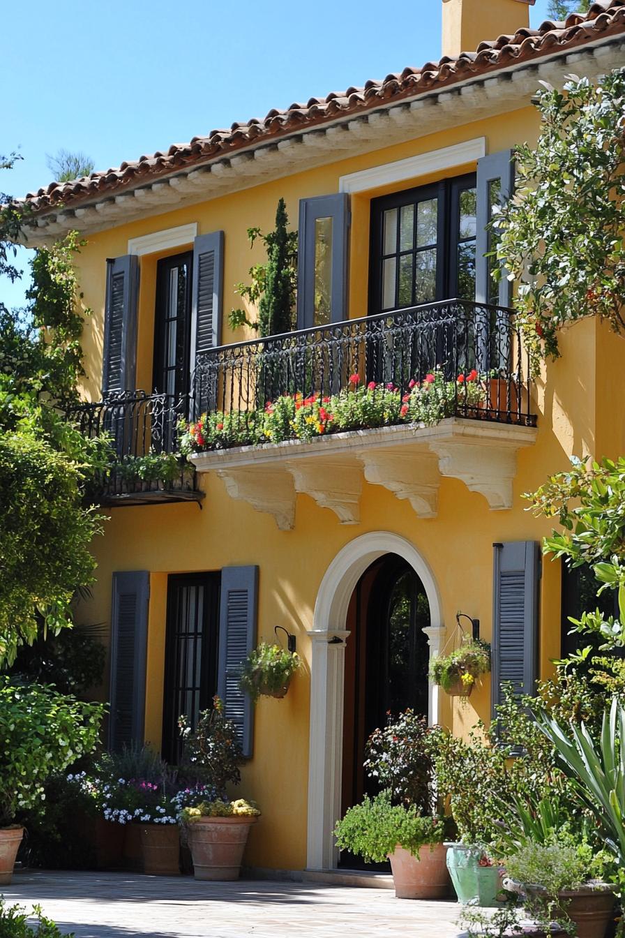 italian villa in yellow stucco siding and barrel tile roof three stories iron balcony windows with grey shutters front patio with potted plants 1