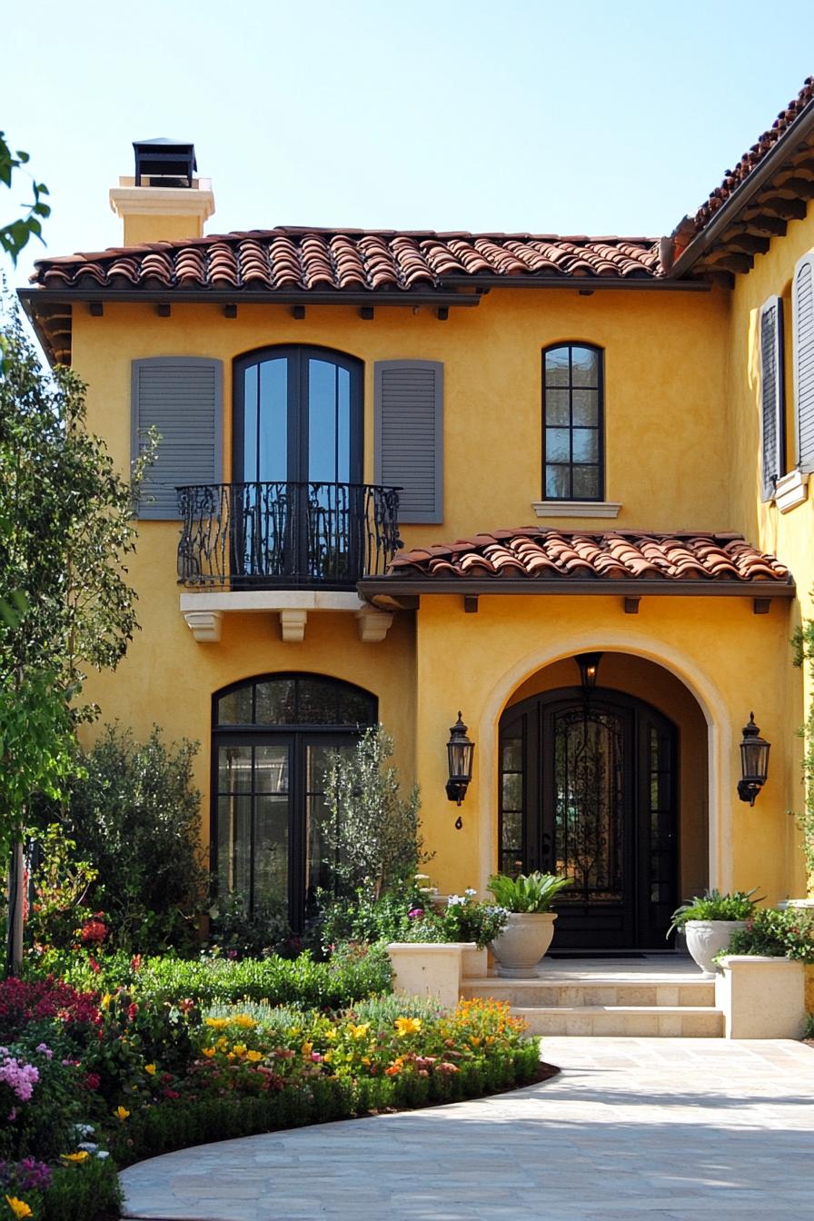 italian villa in yellow stucco siding and barrel tile roof three stories iron balcony windows with grey shutters front patio with potted plants 2